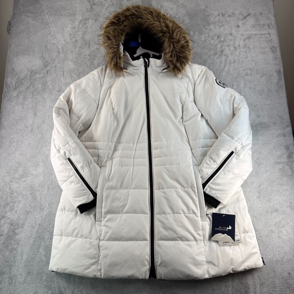 NWT! Arctic Expedition Women's 1X White HybraDown Parka Faux Fur Hood Coat